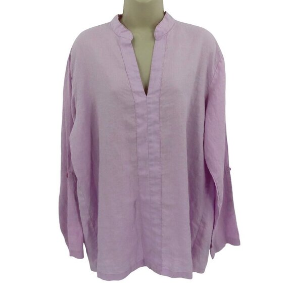 Island Importer Womens Large Purple Long Roll Tab Sleeves Linen Tunic Shirt Top - Picture 1 of 12